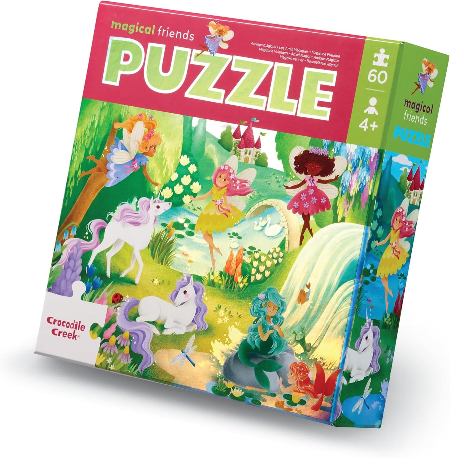 Crocodile Creek 60-Piece Holographic Foil Floor Puzzle for Kids Ages 4-8 and Up - Heavy-Duty Box for Storage - Magical Friends - 14” x 19” Finished