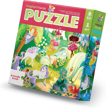 Crocodile Creek 60-Piece Holographic Foil Floor Puzzle for Kids Ages 4-8 and Up - Heavy-Duty Box for Storage - Magical Friends - 14” x 19” Finished