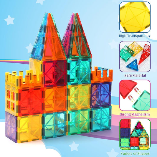 OugerToy 32-Pack Magnetic Tiles–Rainbow Builder Set, 2.95in STEM Construction Kit with Transparent Windows, Expand Creative Play for Kids
