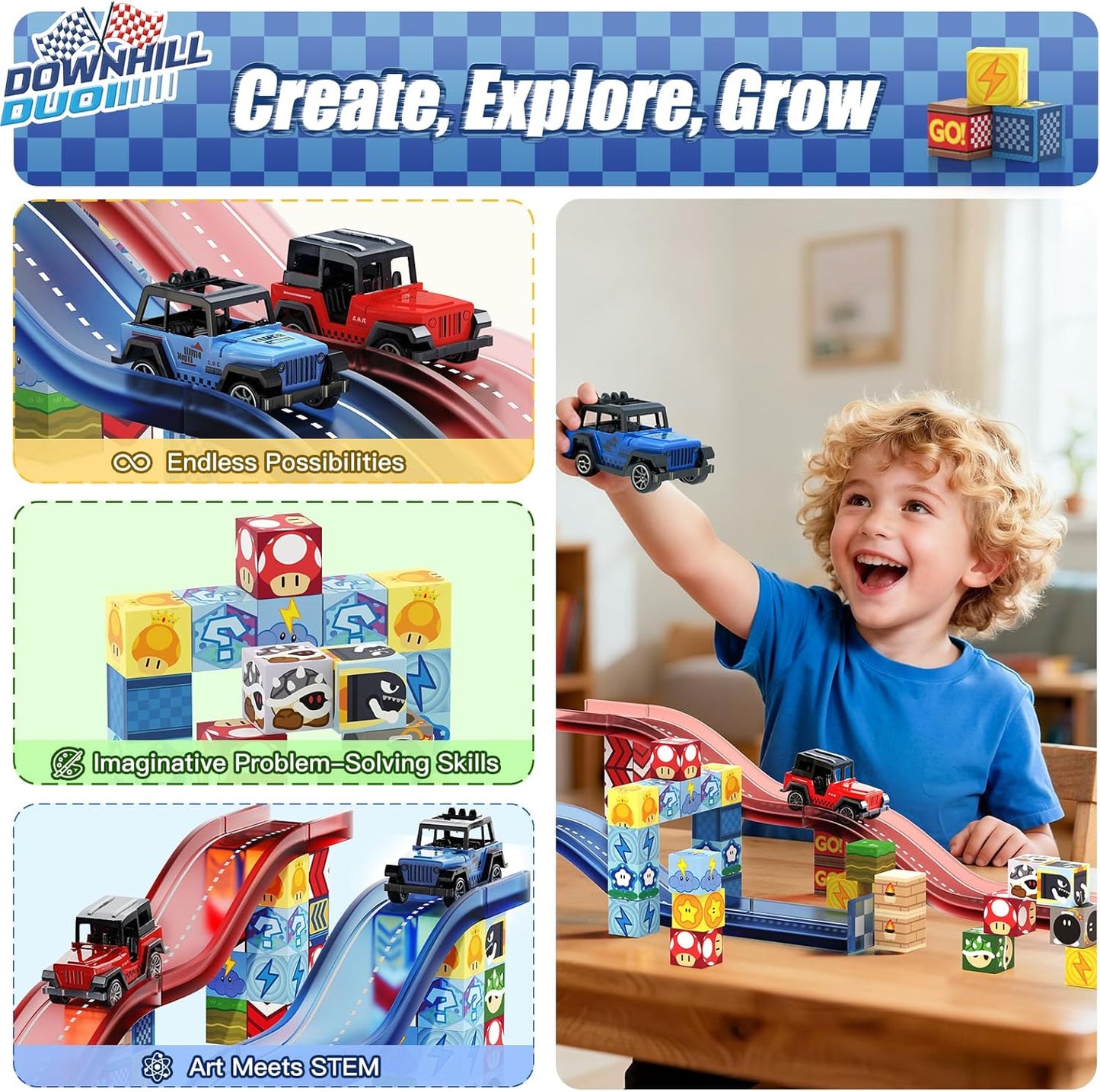 Magnetic Tiles Race Track Set, 52PCS STEM Educational Magnetic Building Blocks with 2 Race Cars, Montessori Sensory Travel Toys for Kids 3 4 5 6 7 8, Birthday for Boys & Girls