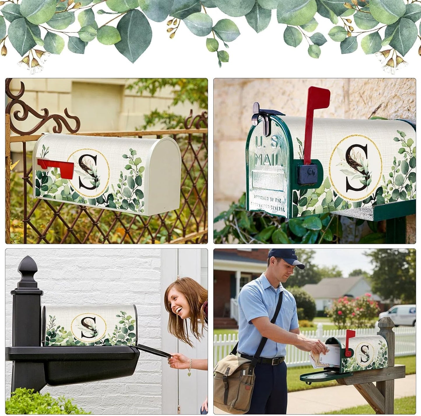 Tiamon Monogrammed L Mailbox Covers Magnetic Eucalyptus Welcome Letter Box Wrap Standard Size 21x18 Inch Spring Summer Leaves Mailbox Decor Eucalyptus Letter Numbers Decoration for Outdoor Garden Yard