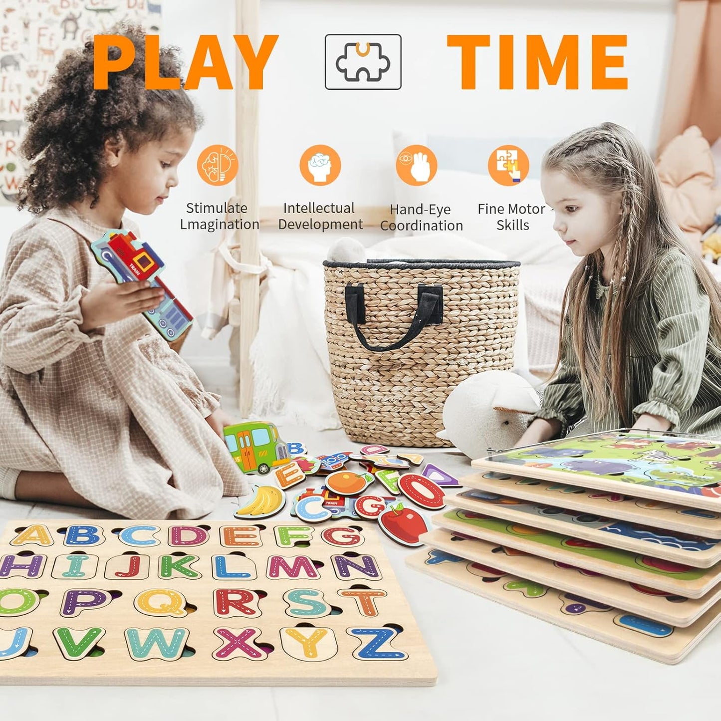 WOOD CITY Toddler Puzzles and Rack Set, Wooden Peg Puzzles Bundle with Storage Holder Rack, Educational Knob Puzzle for Kids Age 2 3 4 Years - Alphabet Number Shape Dinosaur Animal Vehicle