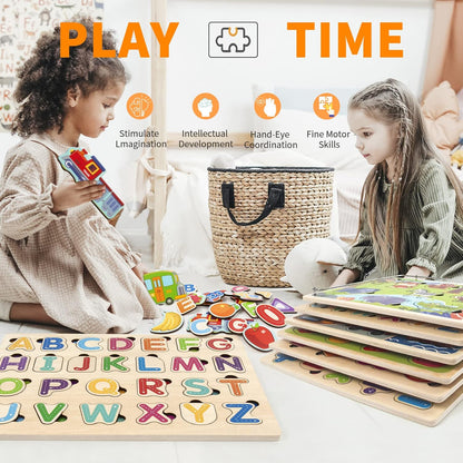 WOOD CITY Toddler Puzzles and Rack Set, Wooden Peg Puzzles Bundle with Storage Holder Rack, Educational Knob Puzzle for Kids Age 2 3 4 Years - Alphabet Number Shape Dinosaur Animal Vehicle