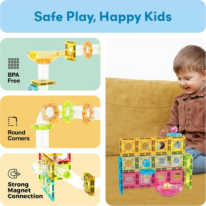 PicassoTiles Marble Run 60 Piece Race Track Magnetic Tiles Magnet Building Block Educational Construction Toy Set Playset STEM Learning Kit Child Brain Development HandEye Coordination Training PTG60
