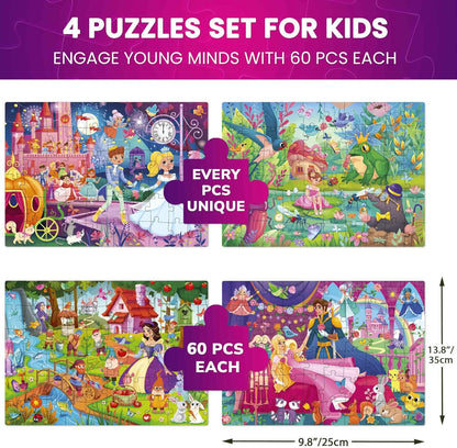 QUOKKA Puzzles for Kids Ages 4-6 - Set of 4x60 Jigsaw Puzzles for Toddlers 3-5 - Unicorn Princess Animals Toys for Children 6-8 yo - Gift Educational Game for Boys & Girls