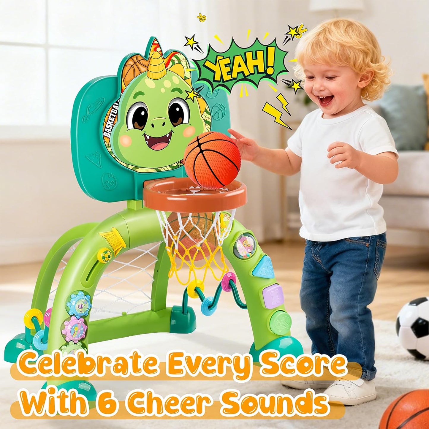 Toddler Basketball Hoop & Soccer Goal, Toys for 1 2 3 Year Old Boys Girls, Dinosaur Sports Play Toy Activity Center, Interactive Musical Sports Toys with Light, Christmas Birthday Gift for Ages 1-3