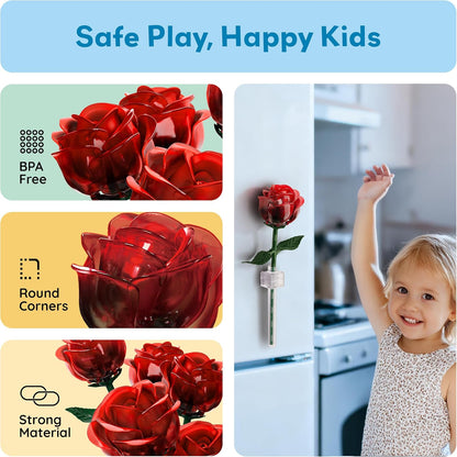 PicassoTiles Red Stem Rose Building 45pc Set With Magnetic Hold Piece Creative Hands-On Play Discovery Activity Kit Room Decor Gifts For Mother’s Day Present Display Flower Boys Girls Kid Age 3+ PBS20