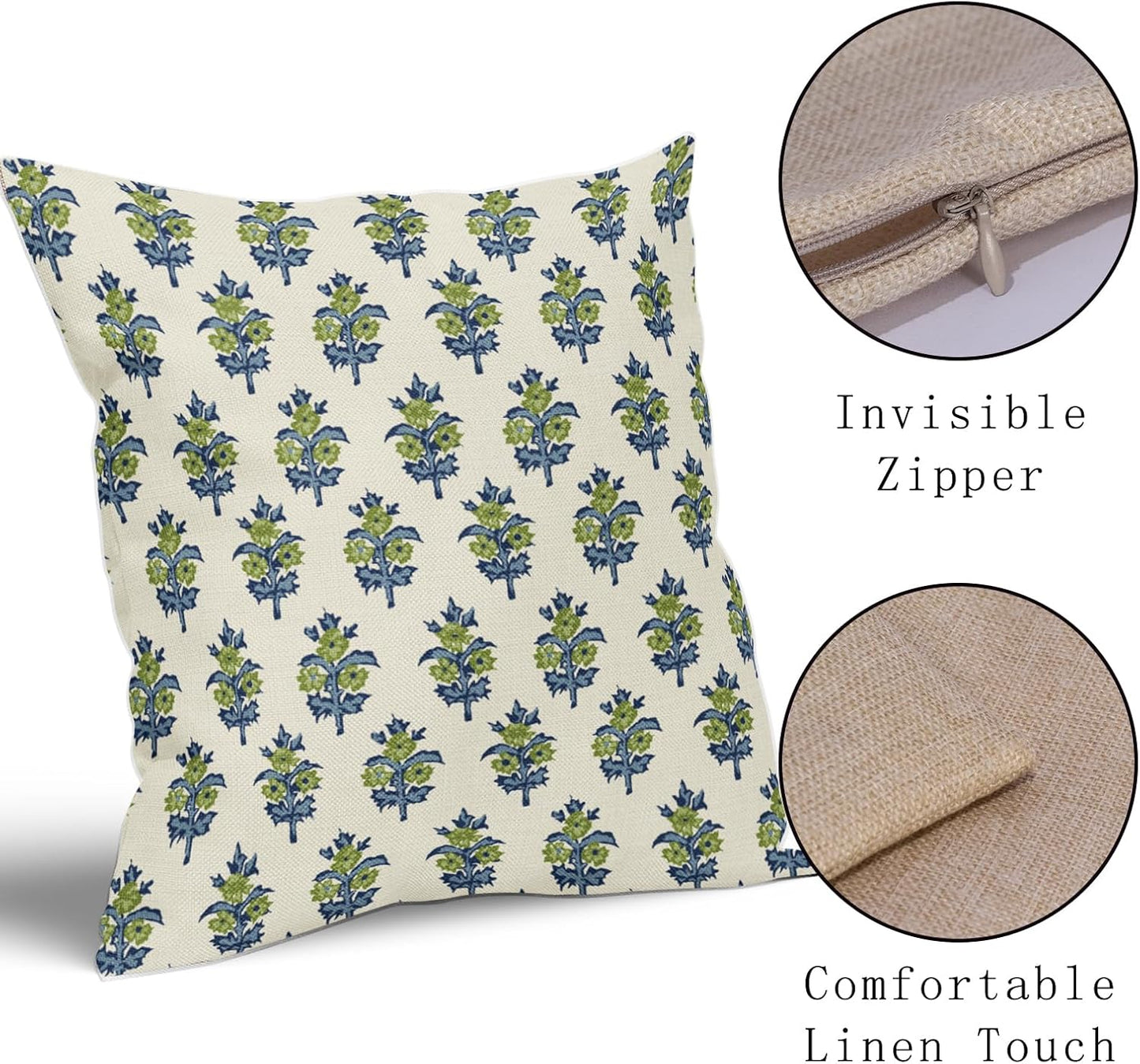 Sage Green Blue Floral Block Print Pillow Covers 18x18 Set of 2 Spring Flower Pattern Decorative Throw Pillowcases Outdoor Rustic Farmhouse Square Cushion Cases Decor for Home Couch Sofa Bed