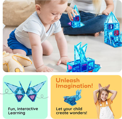 PicassoTiles 60 pcs Mini Magnetic Tiles Magnet Toys Travel-Friendly On-The-Go Building Blocks for Kids Compact Lightweight Creative playset Preschool Montessori Early Learning STEM Kids Toy Ages 3+.