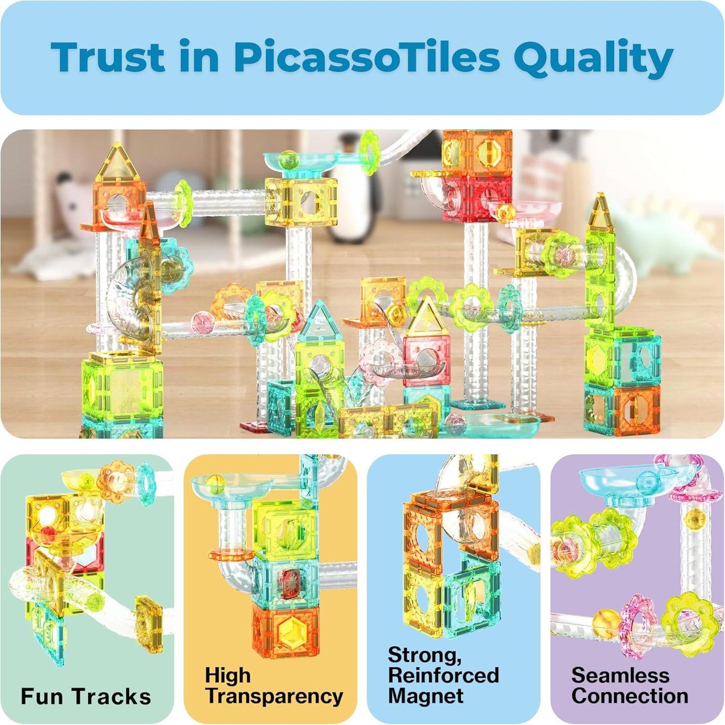 PicassoTiles Marble Run 60 Piece Race Track Magnetic Tiles Magnet Building Block Educational Construction Toy Set Playset STEM Learning Kit Child Brain Development HandEye Coordination Training PTG60