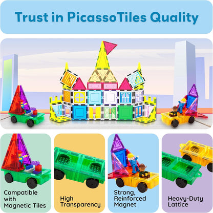 PicassoTiles 2 Piece Car Truck Construction Kit Toy Set Vehicle for Magnetic Blocks Building Tile Sensory Magnet Toys with Re-Enforced Hitch & Long Bed Educational Puzzle Girls Boys Toddlers Ages 3+