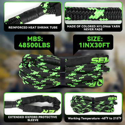 Kinetic Recovery Rope, 1" x 30ft 48500LBS, Kinetic Rope Recovery Kit with 2 Soft Shackles, Heavy Duty Offroad Snatch Strap, 35% High Elasticity Tow Ropes for Trucks SUV UTV, Black & Green Mixed