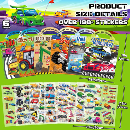 Elfew 2 Pack Puffy Sticker Books for Kids Ages 3-5, Construction Truck and Vehicle Car Stickers for Toddlers Boys, 3D Reusable Stickers Books for Toddlers, Activity Book for Boys Party