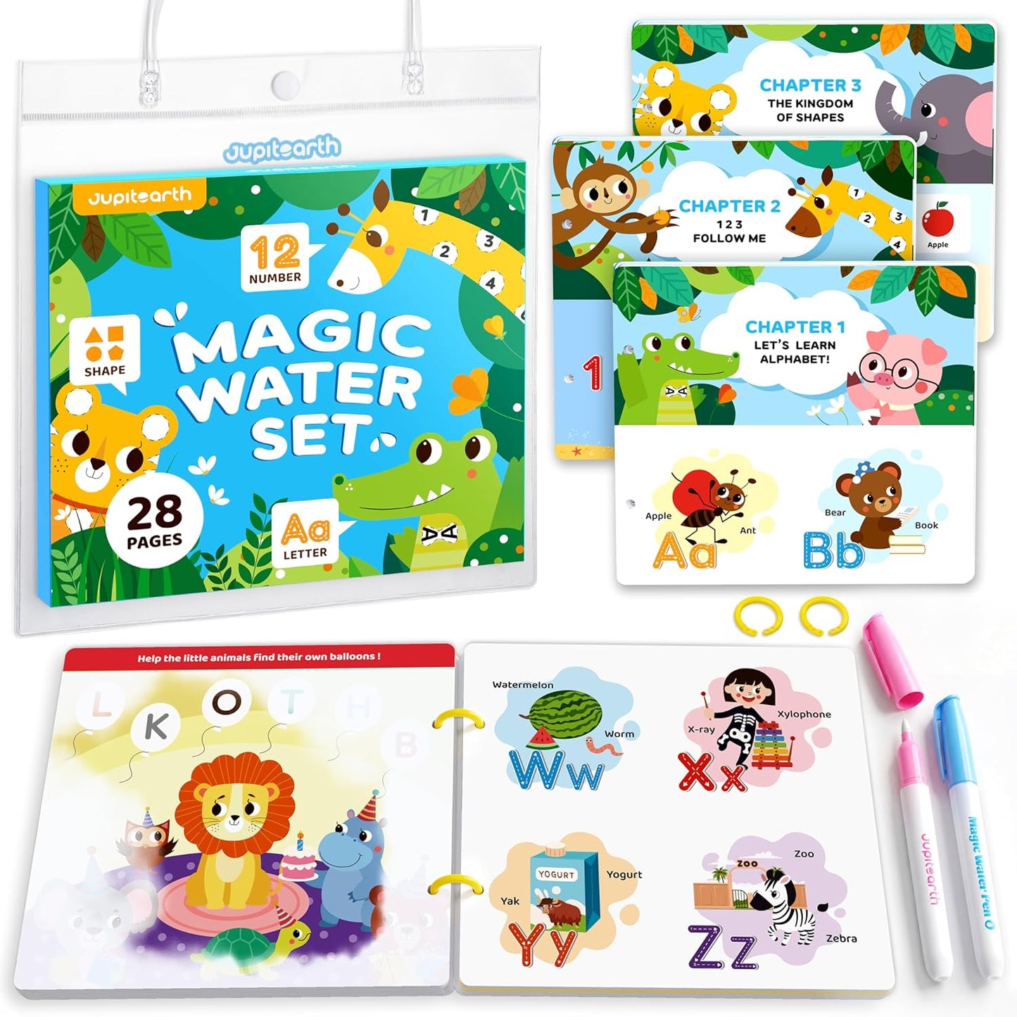 JUPITEARTH Mess Free Coloring Book, Reusable Water Painting Book with 2 Refillable Water Pens 28 Pages, Travel Airplane Road Trip Activity for Toddlers
