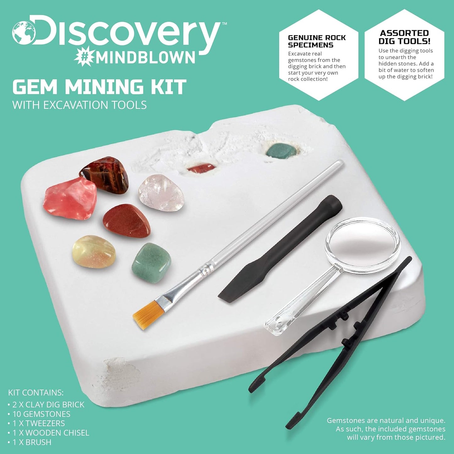Discovery™ Gemstone Mining Kit - Excavate Real Gems & Rock Minerals, Fun DIY STEM Experiment, Educational Geology Activity Toy, Safe Non-Toxic Kids Learning Set Gift, Chisel Magnifying Glass Tools