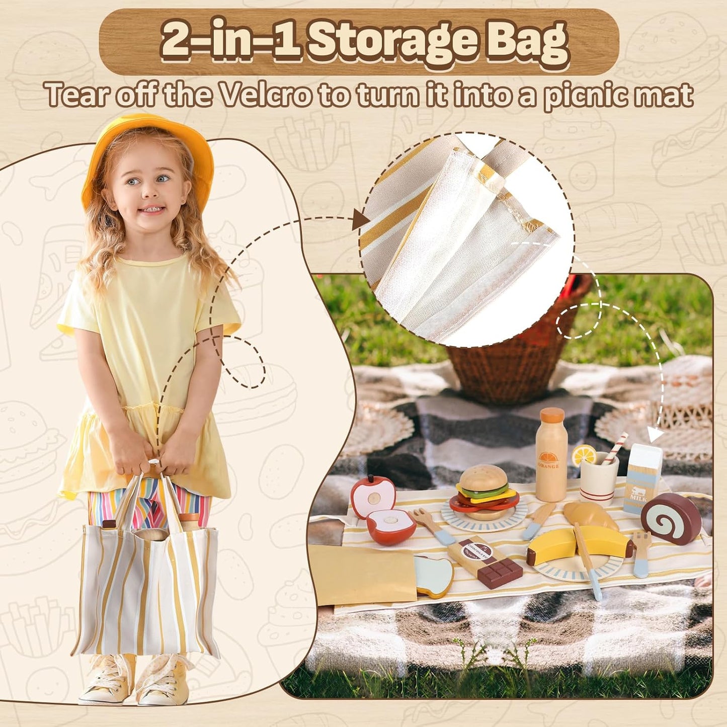 Lehoo Castle Wooden Play Food Set, Toy Food for Toddlers 1-3, Pretend Play Kitchen Accessories, Cutting Food Toys, Montessori Sorting Toys for Kids 3-5 Girls Boys