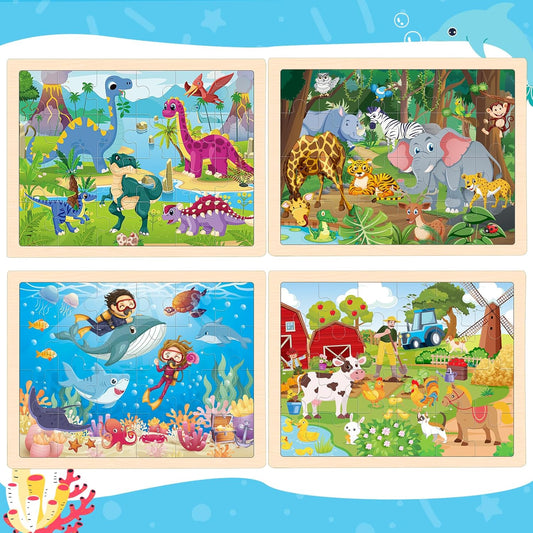 Wooden Animals Puzzles for Kids Age 3 4 5 Year Old, 4 Pack 24 Pcs Montessori Toddler Jigsaw Puzzles for Girl boy Activities Preschool Learning Educational Birthday Gift Travel Autistic Wooden Toys