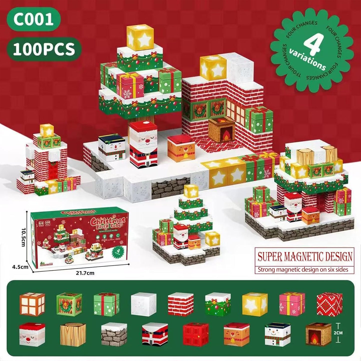 Magnetic Blocks,100 PCS Build Magnetic Santa Chimney Xmas Tree Gift World, STEM Construction Magnetic Cube for Boys Girls Age 3 4 5 6 7 8 9 10,Sensory Stacking Toy Christmas Birthday Gifts for Kids