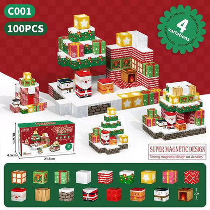 Magnetic Blocks,100 PCS Build Magnetic Santa Chimney Xmas Tree Gift World, STEM Construction Magnetic Cube for Boys Girls Age 3 4 5 6 7 8 9 10,Sensory Stacking Toy Christmas Birthday Gifts for Kids