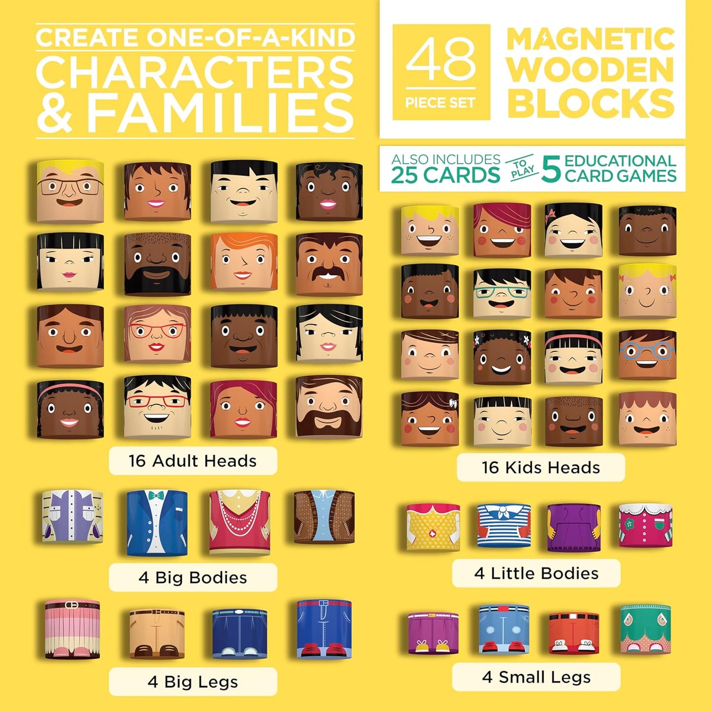 16-Piece Multiracial Magnetic Friends Play Set, Wooden Diversity Building Blocks for Kids, Multicultural Dolls for Creative Play & SEL Development – Ages 1+