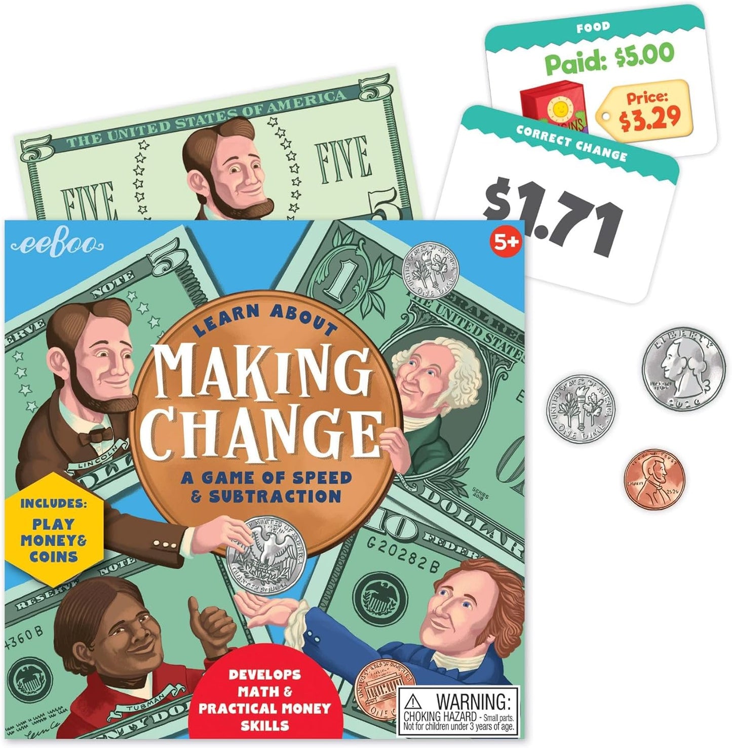 eeBoo: Making Change Game, 50 Item Cards with Play Money, Develop Math and Practical Money Skills, Perfect for Ages 5 and up