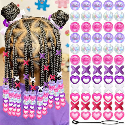 60PCS Purple Braids Beads 3 Styles Dreadlock Bead Accessories Cute Hair Jewelry AB Round Bead Decoration for Kids Girls