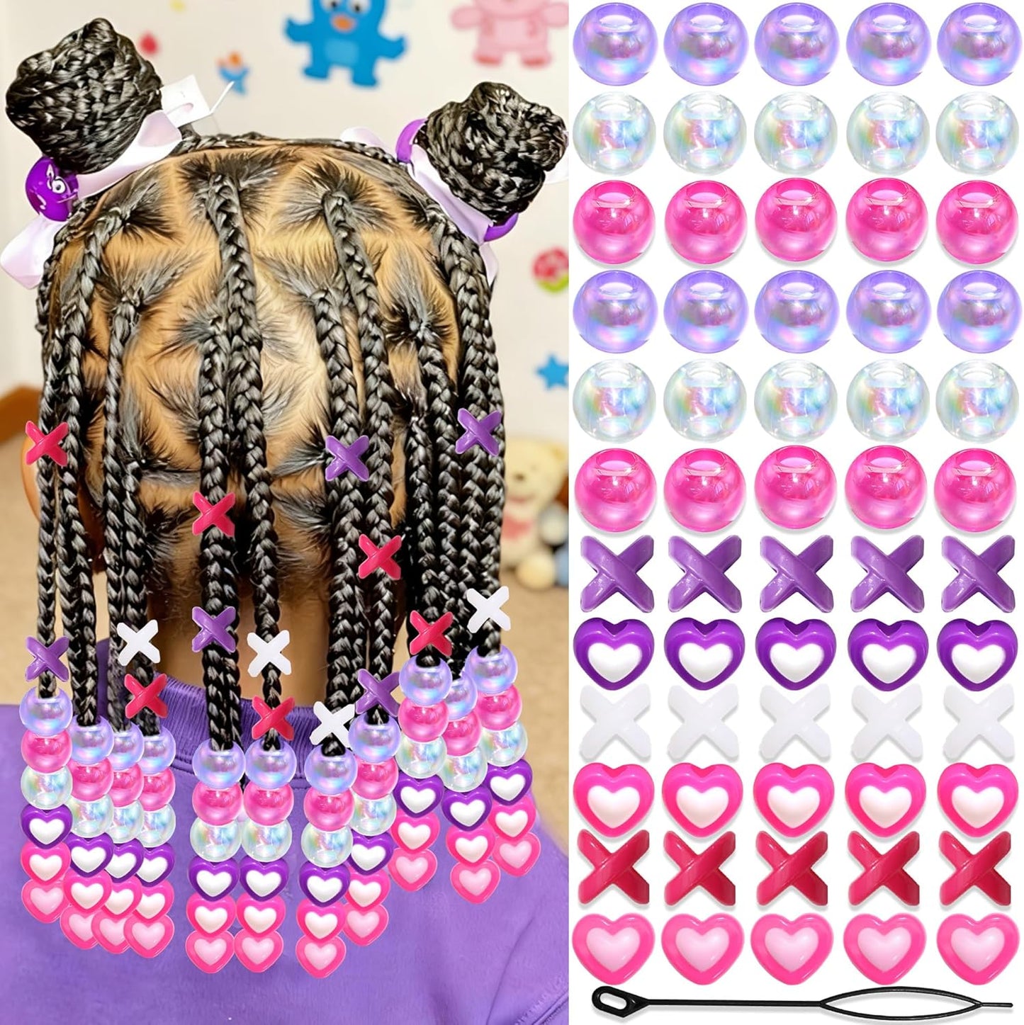 60PCS Pink White Hair Beads for Braids Three Styles Cute Loc Beads Heart Shape Bead for Kids Dreadlock AB Color Round Pony Bead Accessories