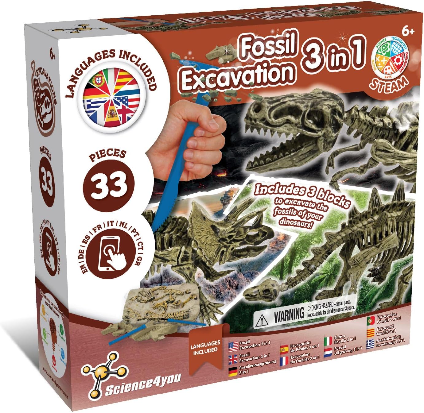 Science4you Dinosaur Fossil Excavation Kit 4 in 1 - Fossil Digging Kit for Kids, Build 4 Dinosaur Fossils, 46 Pieces, Archeology Set, Hunting Kit - Dinosaur Toys, Games for Boys and Girls Age 6+
