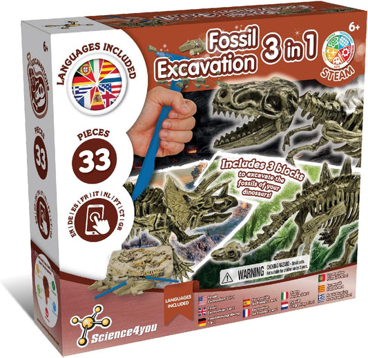 Science4you Dinosaur Fossil Excavation Kit 4 in 1 - Fossil Digging Kit for Kids, Build 4 Dinosaur Fossils, 46 Pieces, Archeology Set, Hunting Kit - Dinosaur Toys, Games for Boys and Girls Age 6+