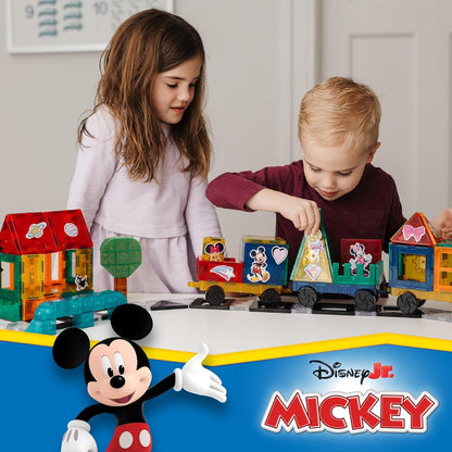 Tytan Official Disney Junior Mickey Mouse Jumbo Train Magnetic Tile Set – 112-Piece STEAM Toy Featuring Magnetic Cubes, Wheeled Bases, Reusable Stickers & Instruction Manual – Kids Ages 3+