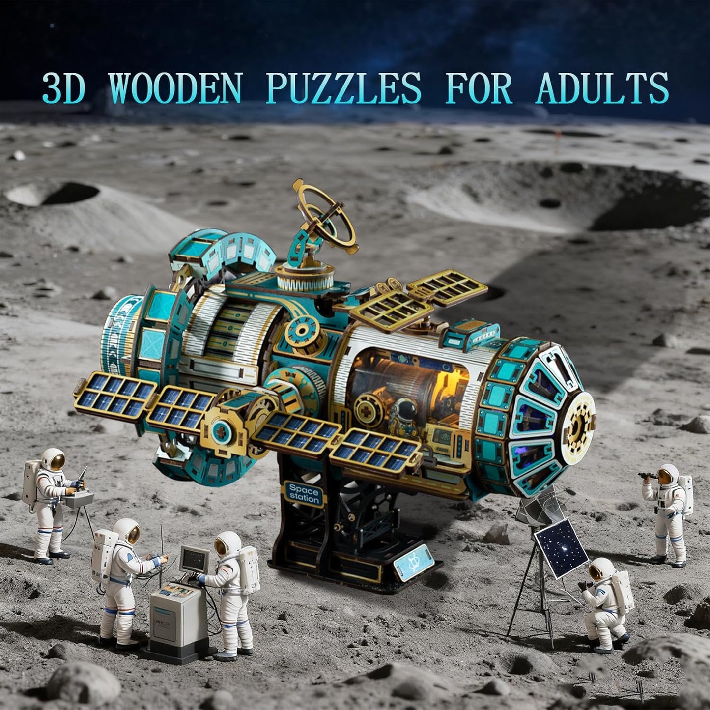 3D Wooden Puzzles for Adults - Space Station Mechanical Model Kit with Lights & Music, 511PCS Adult Wooden Puzzles, DIY Building Toy for Teen & Adults, Miniature House Kit for Birthday Father's Day