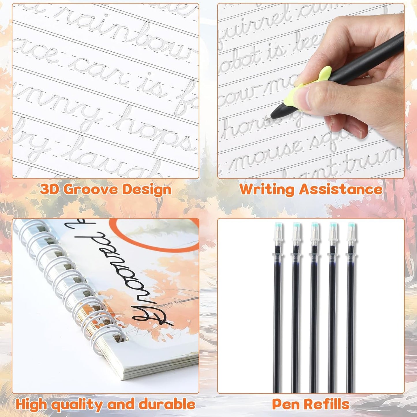 chiazllta Grooved Cursive Handwriting Workbook with Disappearing Ink Pens Magic Reusable Grooved Cursive Writing Practice for Beginners Kids Kickoff Student Workbook Homeschooling Supplies (Letters)