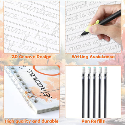 chiazllta Grooved Cursive Handwriting Workbook with Disappearing Ink Pens Magic Reusable Grooved Cursive Writing Practice for Beginners Kids Kickoff Student Workbook Homeschooling Supplies (Letters)