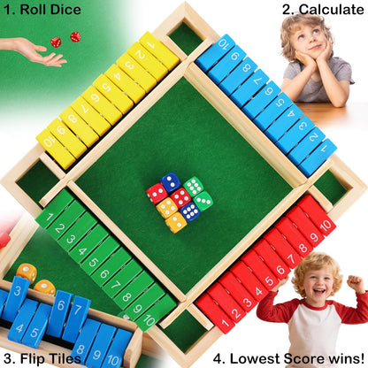 Shut The Box Game Wooden, 1-6 Players Dice Board Game for Adults and Kids, 10 Numbers Math Games - Educational and Entertaining, Classic Table Flip Blocks for Family Game Night