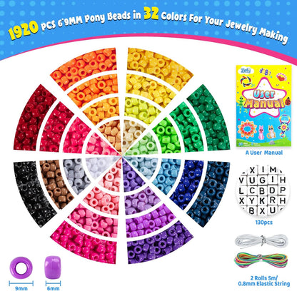 Zefy Pony Beads for Bracelets and Crafts, 32 Colors Kandi Beads with 10 Kandi Cuff Designs and 6 Bead Pets Designs, Friendship Bracelet Kit with Letter Bead for Keychain Jewelry Making (2000+ Pcs)