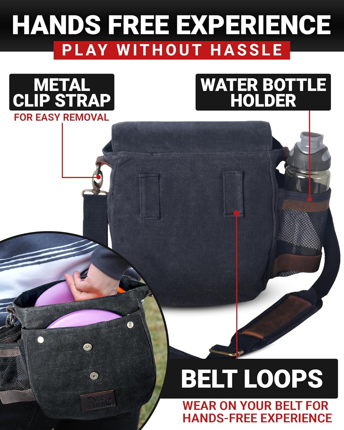 Disc Golf Bag | Frisbee Golf Bag | Easy to Carry | Lightweight Fits Up to 10 Discs | 16 oz Waxed Canvas Sturdy Design | Belt Loop | Double Button Design | Bottle Holder