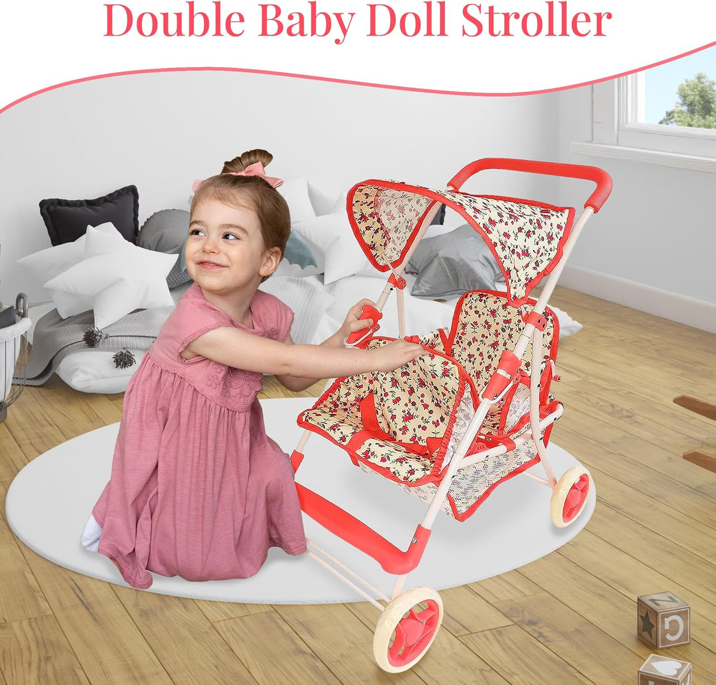 The New York Doll Collection First Twin Stroller - Cutest Heart Design Baby Strollers Great Toy Gift for Toddlers and Girls (Denim) Blue,pink