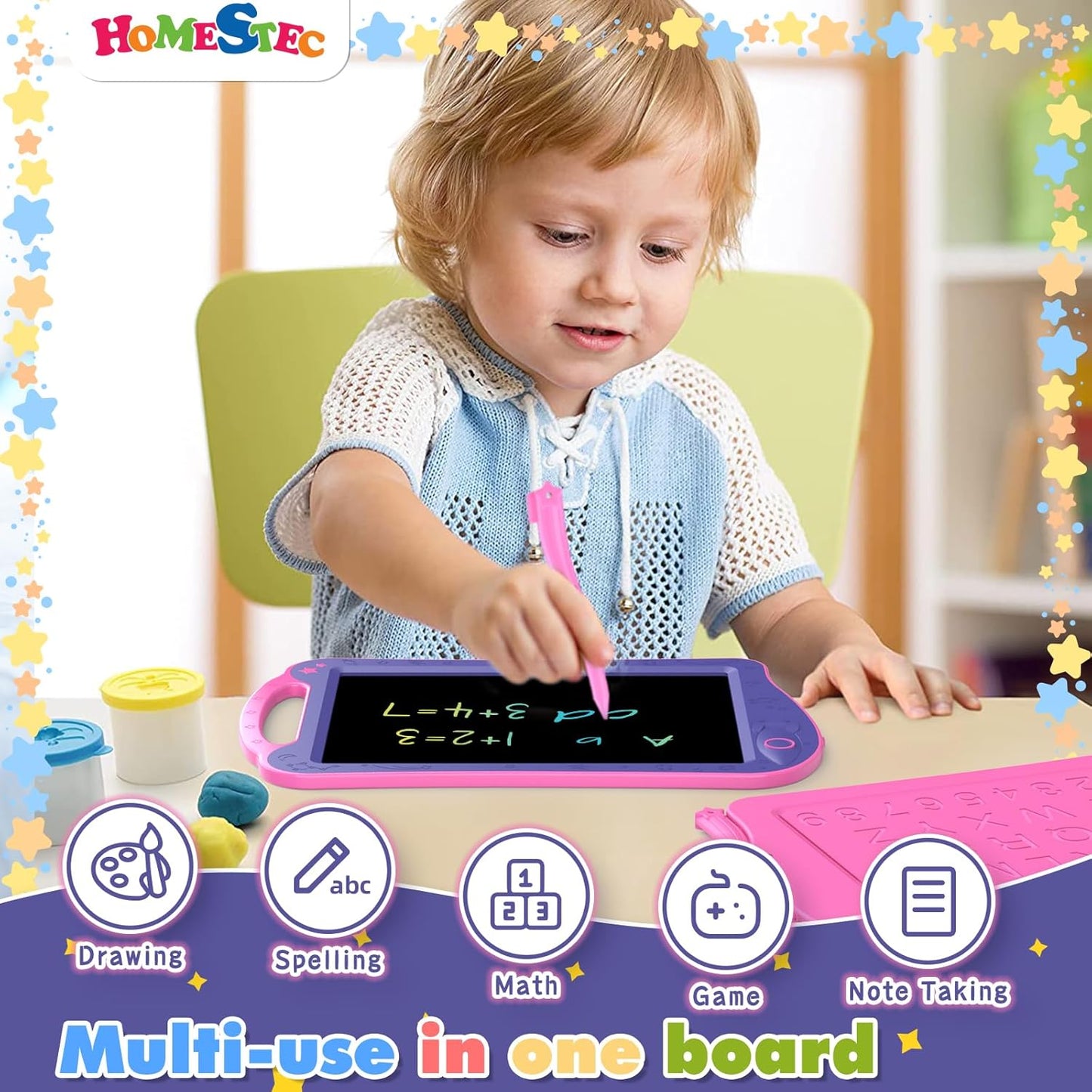 [ClimatePartner Certified] HOMESTEC Astrodraw Drawing Pad, Colorful LCD Writing Tablet for Kids, Doodle Board for Toddlers 3 4 5 6 Years Old, Travel Toy Birthday Gift for Boys Girls (Aqua/Purple)