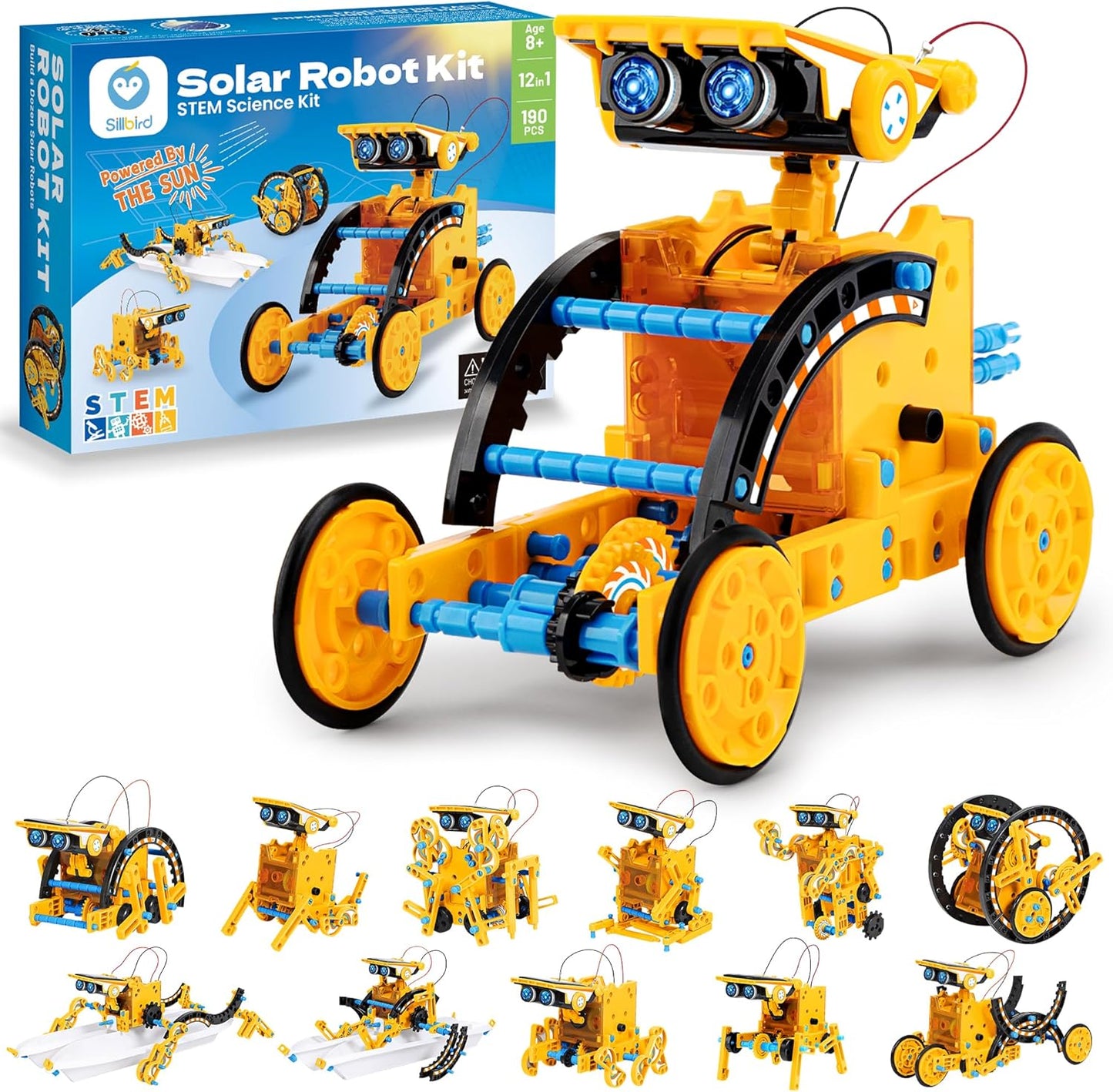 Sillbird Solar Robot Building Kit STEM Gift for Boys Aged 8-12, 12-in-1 DIY Science Educational Robotic Toys for Kids Teens Birthday, Powered by the Sun with 190 Pieces