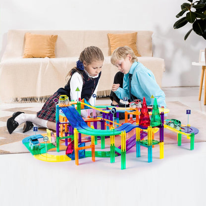 PicassoTiles 50pc Racecar Track Magnetic Tiles Educational Kids Toy with 2 Light Up Trucks STEM Preschool Learning Magnet Tile Toddler Toys Boys Girls Ages 3+ Blocks Game Puzzles Build Playset PTR50