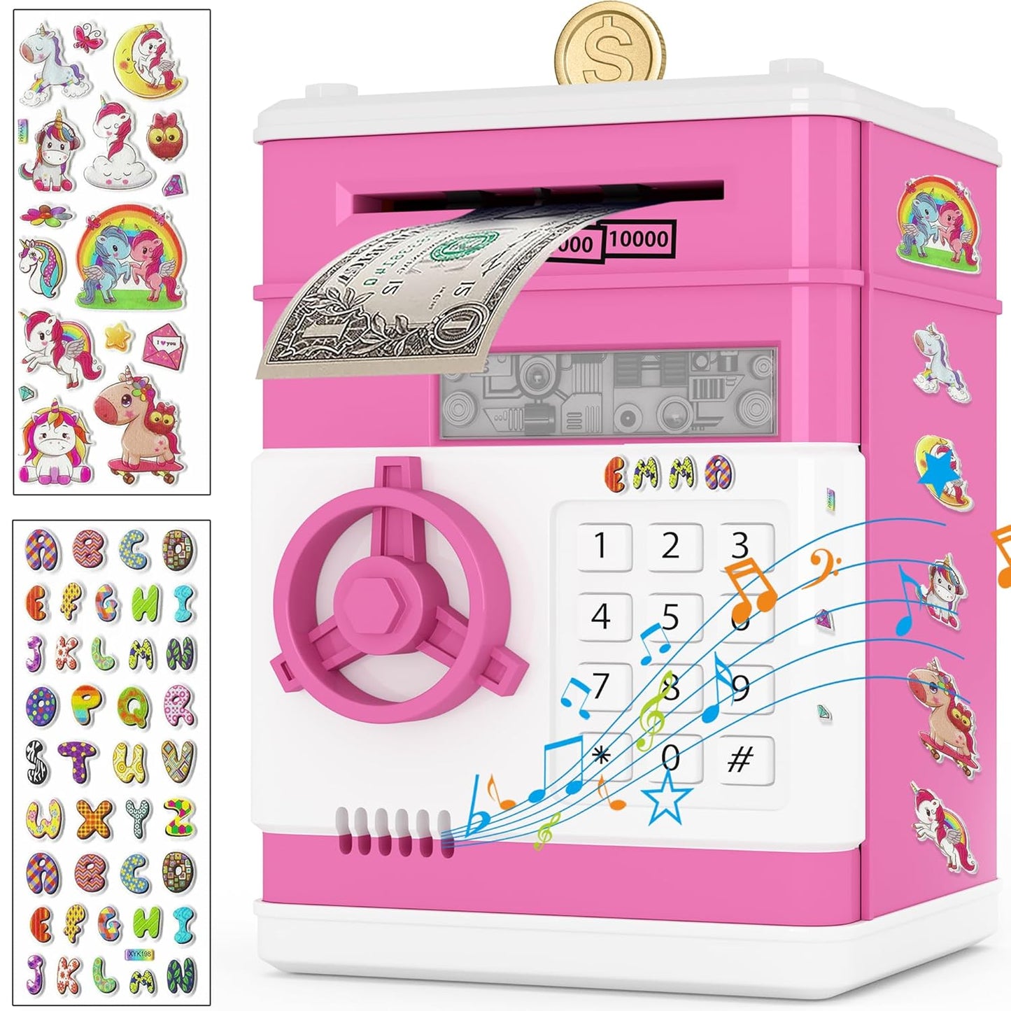 JUNEU Unicorn Piggy Bank for Kids, Gifts for 5 6 7 8 9 10 Year Old Girls, Kids Electronic Piggy Bank, Girls Birthday Gifts, Educational Toys for Girl Boys, Kid Money Saving Box, Mini ATM Coin Bank