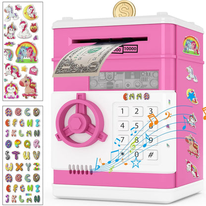 JUNEU Unicorn Piggy Bank for Kids, Gifts for 5 6 7 8 9 10 Year Old Girls, Kids Electronic Piggy Bank, Girls Birthday Gifts, Educational Toys for Girl Boys, Kid Money Saving Box, Mini ATM Coin Bank