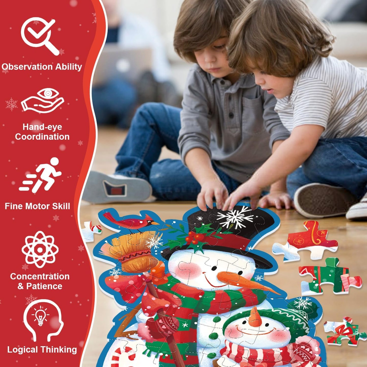 Snowman Floor Puzzle for Kids Age 4-8, 45PCS Jumbo Christmas Jigsaw Puzzle, Large 25.6" x 36.2" Winter Puzzle with Poster, for Kid Boy Girls