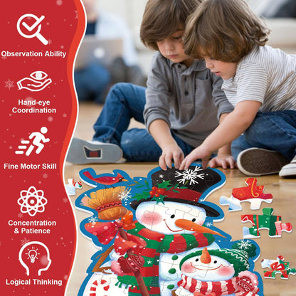 Snowman Floor Puzzle for Kids Age 4-8, 45PCS Jumbo Christmas Jigsaw Puzzle, Large 25.6" x 36.2" Winter Puzzle with Poster, for Kid Boy Girls