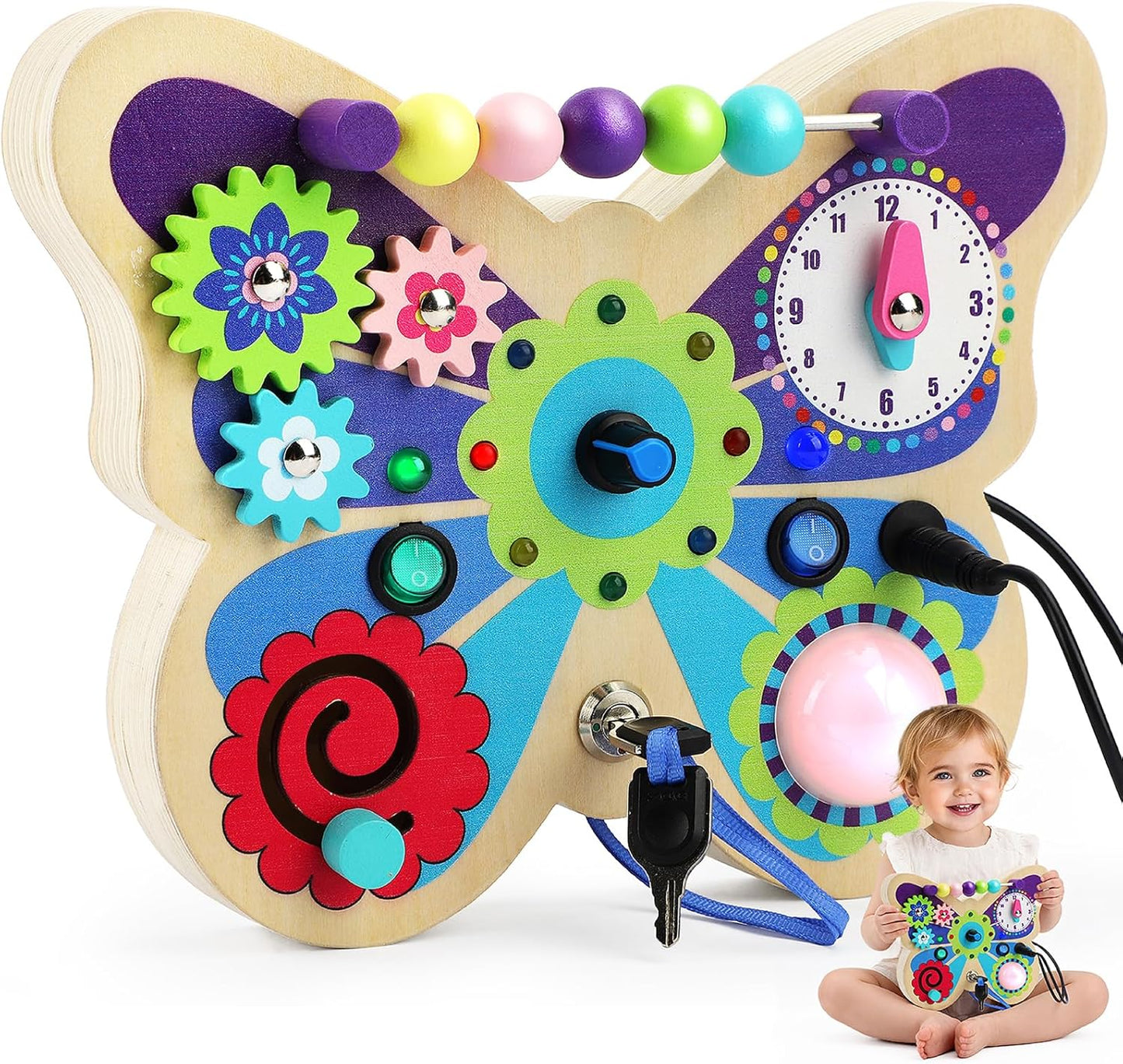 TOY Life Toddler Montessori Busy Board, Wooden Butterfly Sensory Board Toys with LED Light Up Switchs, Baby Busy Fidget Boards Travel Toys, Easter Birthday Gifts for 1+ Year Old Kids Girls Boys