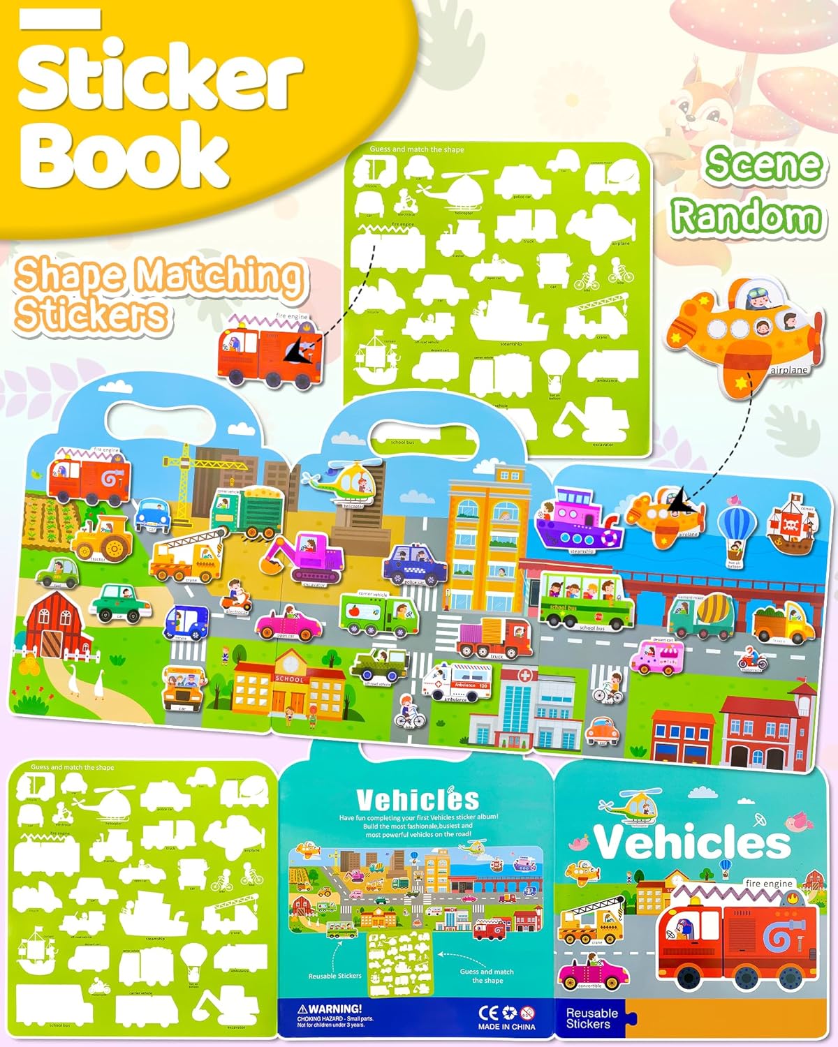 Benresive Reusable Sticker Book for Toddlers, Stickers for Kids, Travel Toys for Arts & Crafts Activities, Birthday Gift for Boys & Girls, Animals Dinosaurs Insects Themes