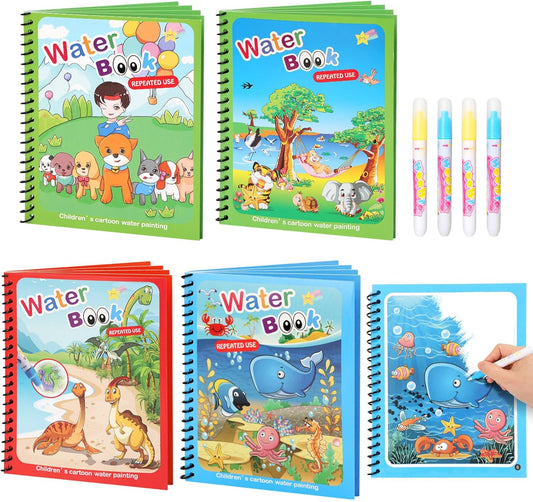 5 Pack Reusable Water Coloring Book for Toddlers, Water Doodle Book Toys, Paint with Water Books,Mess-Free Coloring Book, Portable Educational Doodle Drawing Toy,Educational Learning Kits Gifts