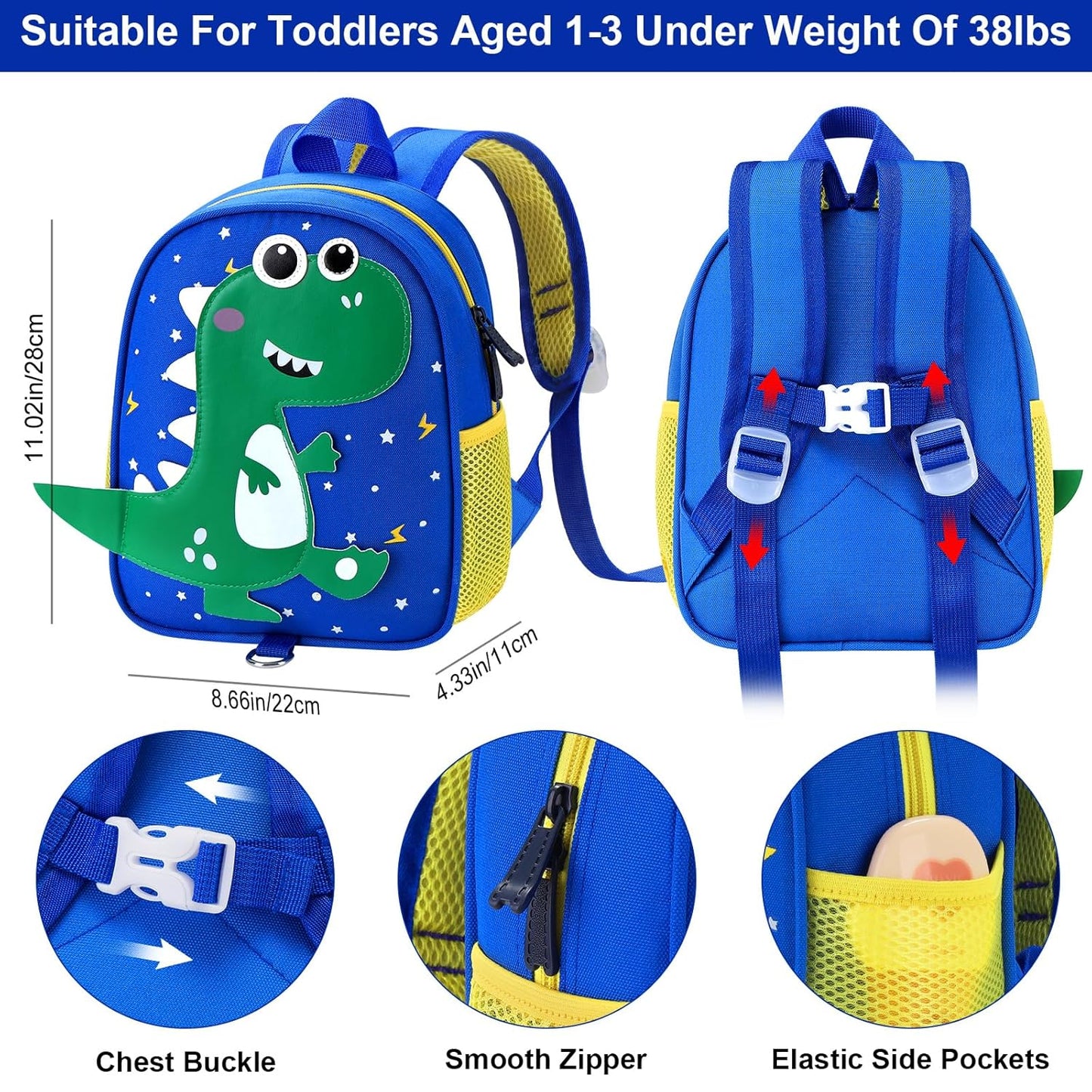 Accmor Toddler Backpack Leash with Anti Lost Wrist Link, Cute Dinosaur Kids Backpacks for Boys Aged 1-3, Mini Baby Bag Tether Walking Harness Wristband Keep Child Close Rope Rein for Travel Outdoor