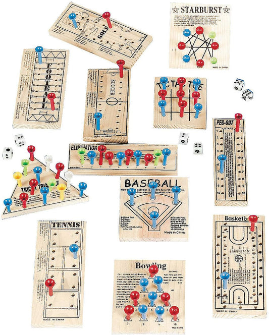 Fun Express Wooden Board Games Set 12 Pack - Classic Travel Games for Kids & Adults | Mini Peg Board Games, Checkers & Tic Tac Toe | Portable Family Game Night Collection for Road Trips & Camping