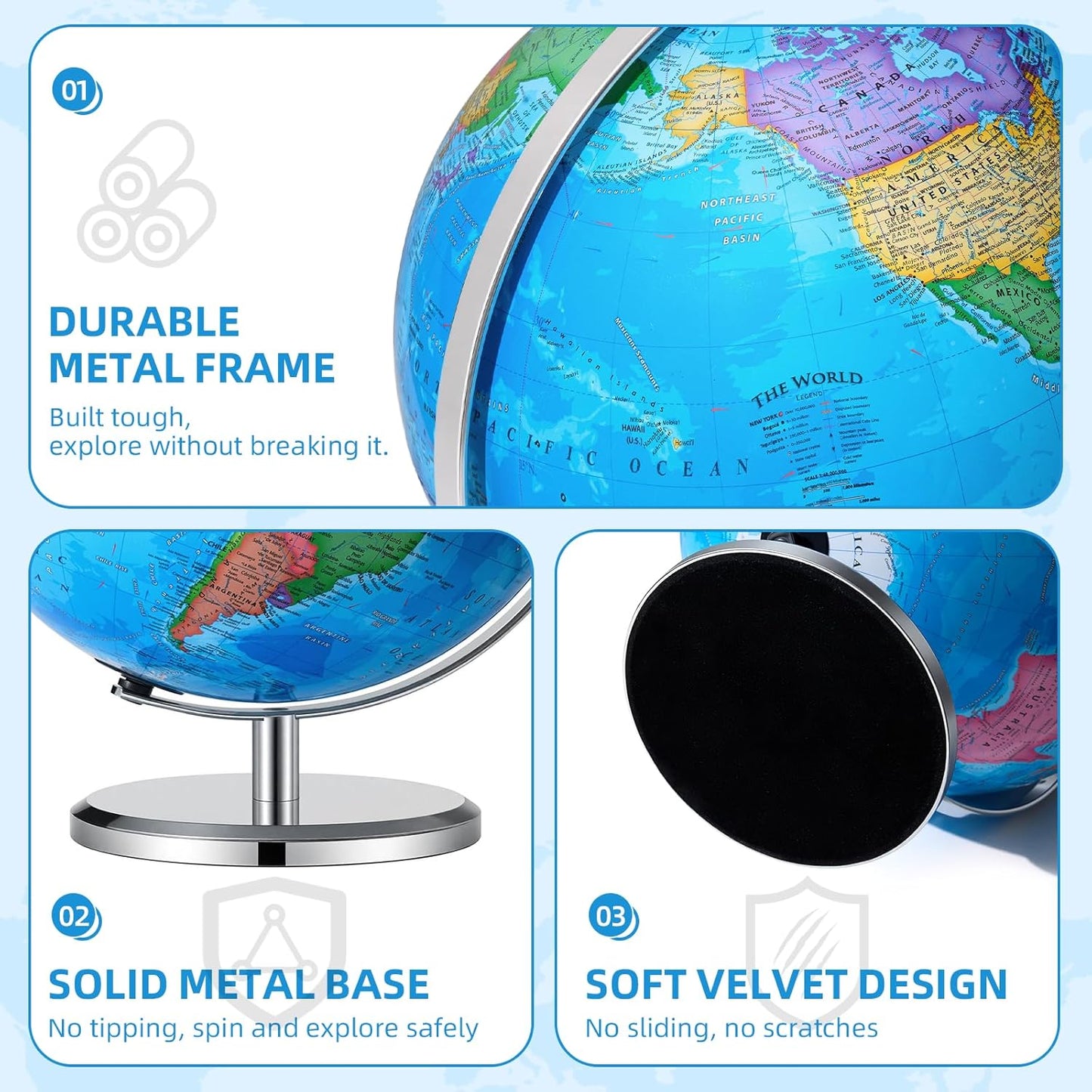 BSHAPPLUS 13 inch Large Globe for Classroom & Home Learning, Political Globe with 195+ Countries, Dry Erase & Waterproof Surface, Solid Stainless Steel Base (No Assembly Required)